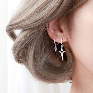 Sterling Silver Hinged Hoop 4 Point Star Cross Drop Hoop Earrings